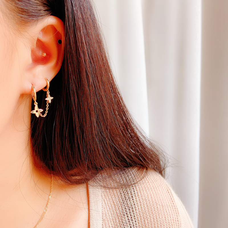 韩国纯14k金黄金耳环双耳洞连线坠精致小花k纯金耳扣耳饰女