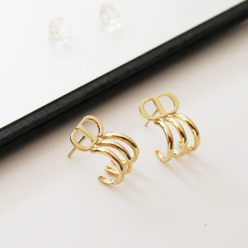 耳钉日韩纯金弯钩弧形字母个性流行黄金金黄金耳饰