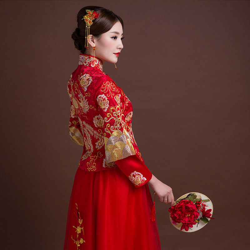 婚纱礼服新娘2019新款中式嫁衣手工刺绣修身秀禾旗袍