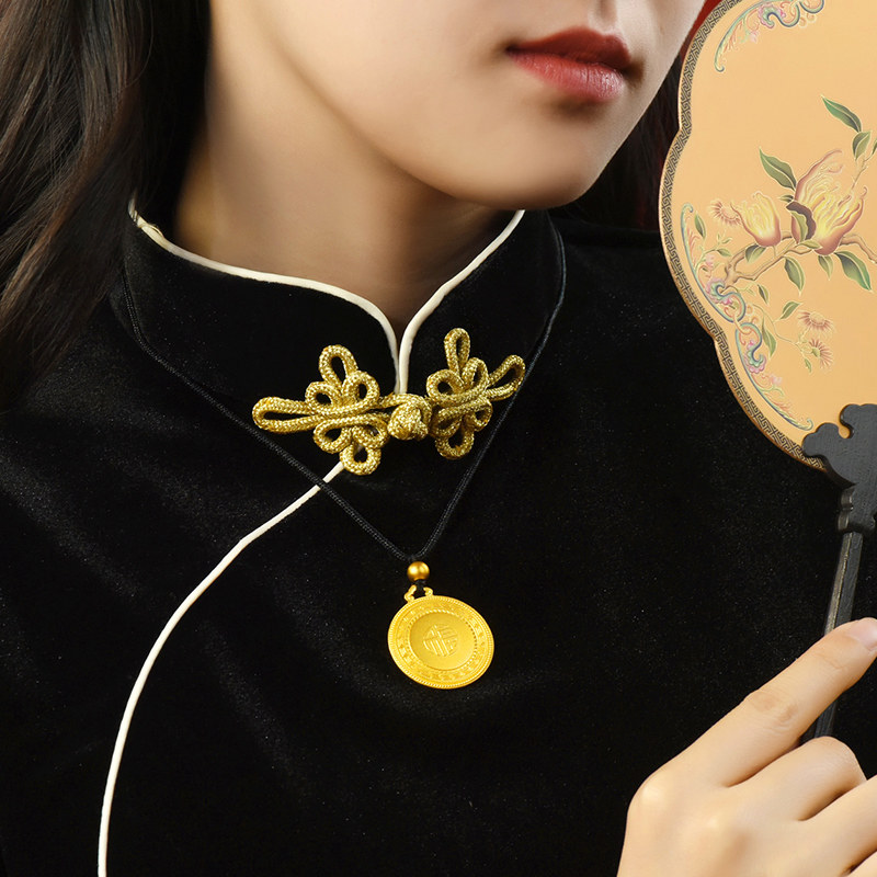 黄金项链凤禧珠宝古法福字圆福牌吊坠女足足金颈饰