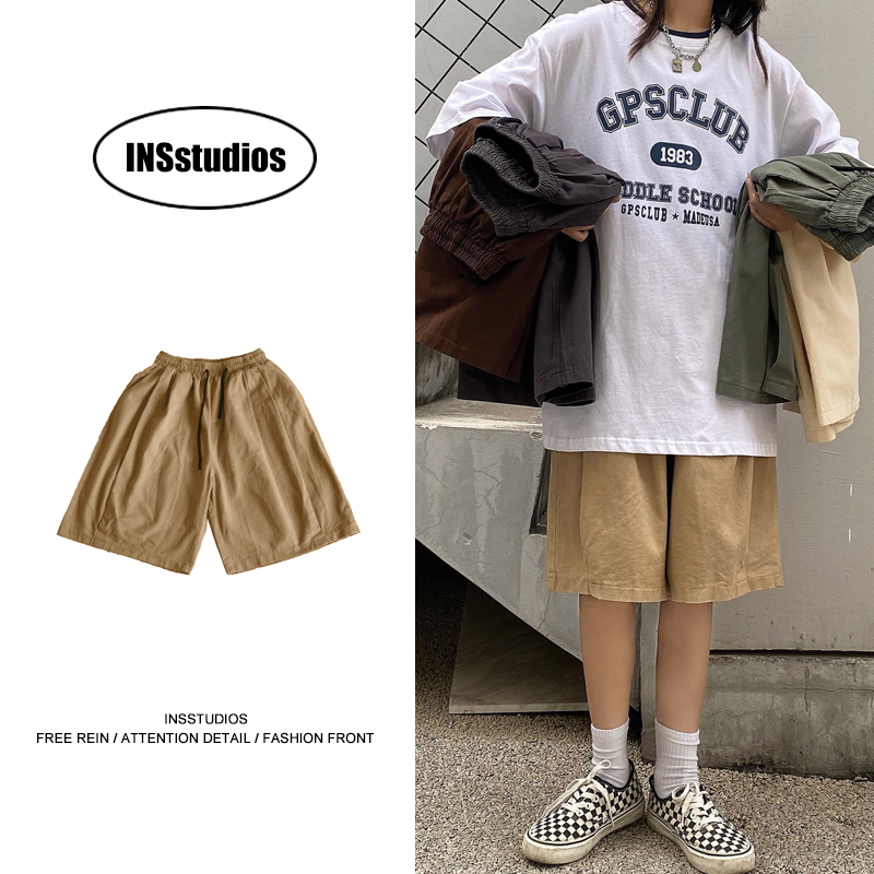 INSstudios 潮流ins潮牌日系复古宽松直筒阔腿裤休闲工装短裤男女