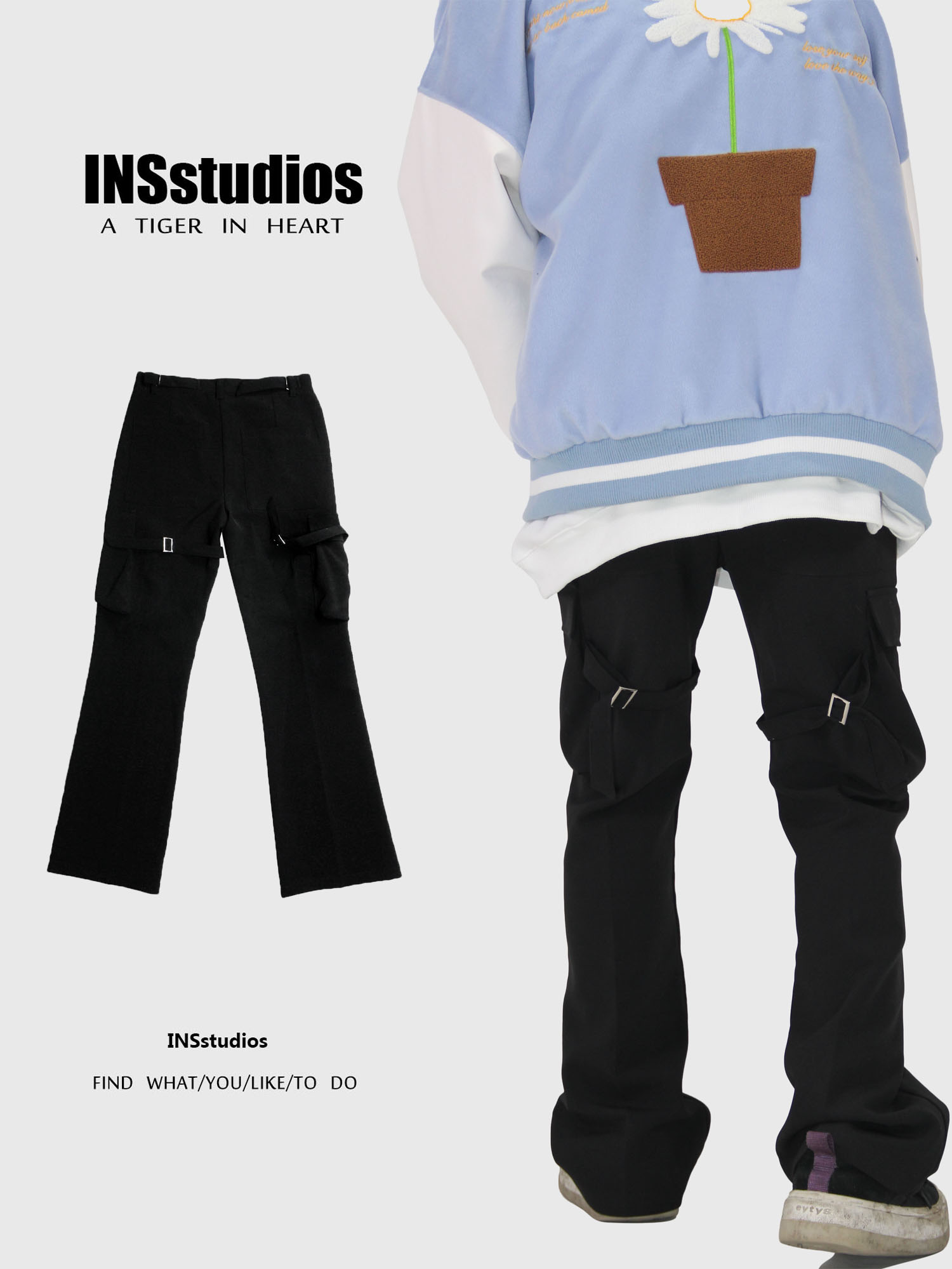 INSstudios 自制韩国ins小众vibe风微喇叭裤绑带裤工装休闲裤男女