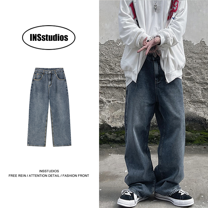 INSstudios 水洗做旧牛仔裤潮牌ins复古街头百搭宽松直筒长裤男女