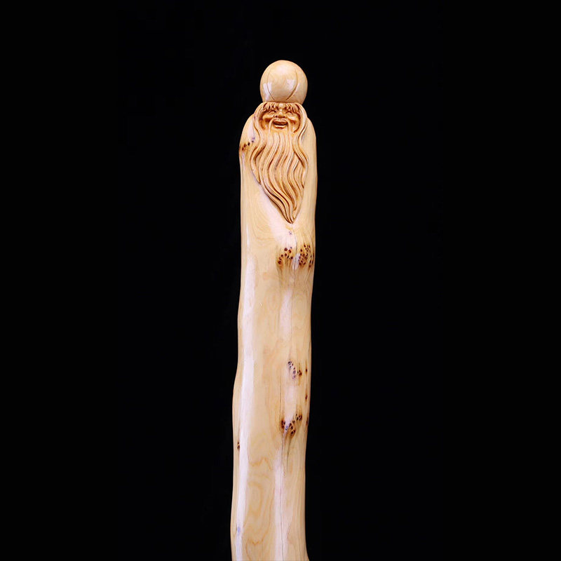 大檀太行天然崖柏陈化老料手工雕刻寿星木质拐杖手杖拐杖摆件