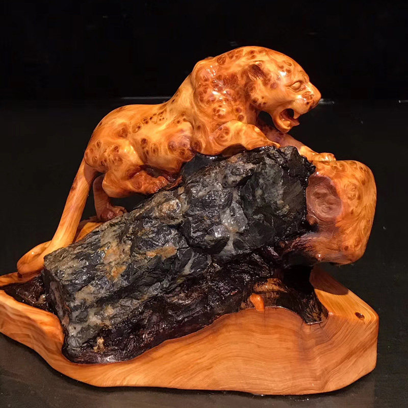 崖柏大檀太行豹子摆件天然抱石满瘤疤木雕根雕摆件