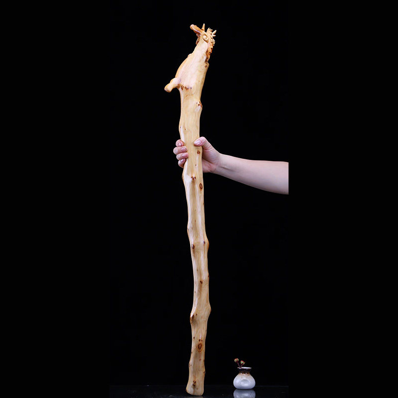 大檀太行天然崖柏陈化老料手工雕刻寿星木质拐杖手杖拐杖摆件