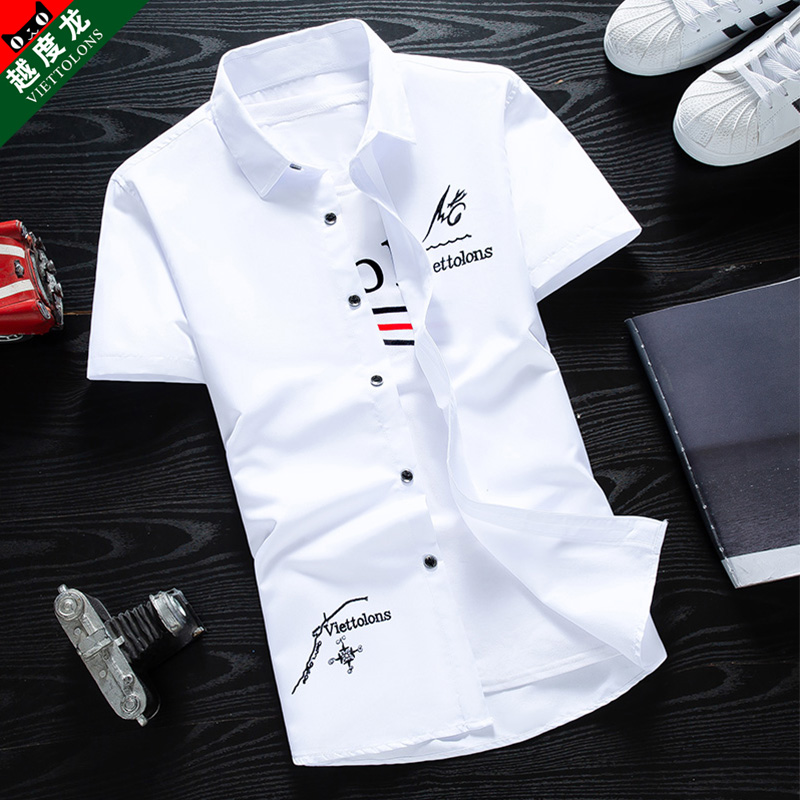 夏季白色短袖衬衫男士韩版修身情侣装薄款衬衣潮流男装休闲寸外套