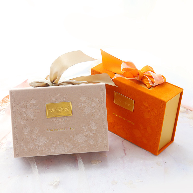 深红红粉橙米杏色蝴蝶结绑绳烫金绒布长方形盒结伴手礼