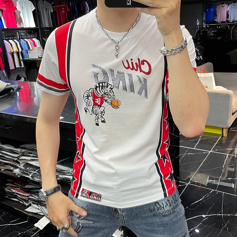 2022夏季男士短袖T恤修身斑马印花烫钻欧货潮牌丝光棉圆领体恤男