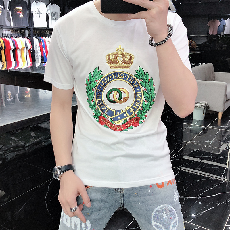 男士短袖T恤男潮流修身重工皇冠刺绣印花欧货潮牌丝光棉体恤男款