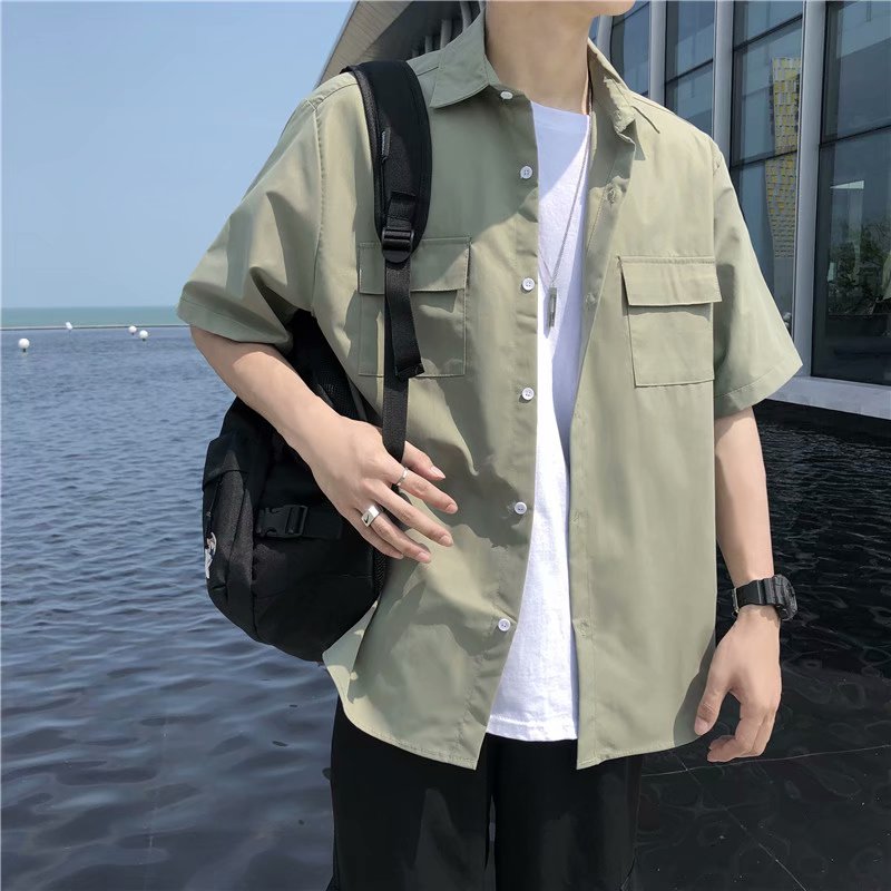 港风ins衬衫男短袖韩版纯色工装衬衣潮流夏季薄款五分半袖日系