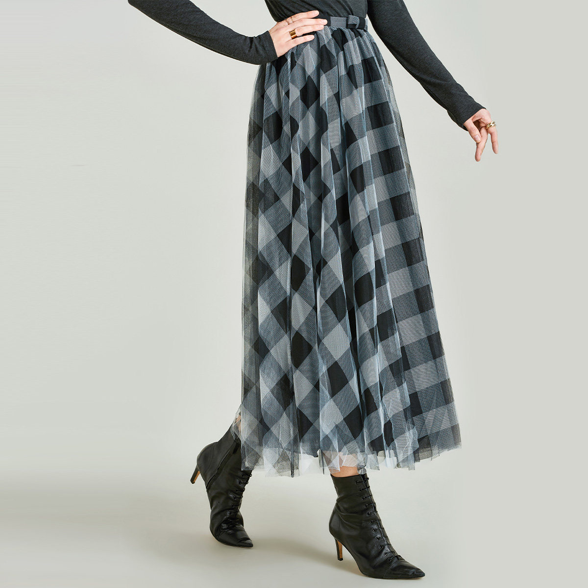 havva2021春季新款时尚格子半身裙女高腰中长字网纱裙半身裙