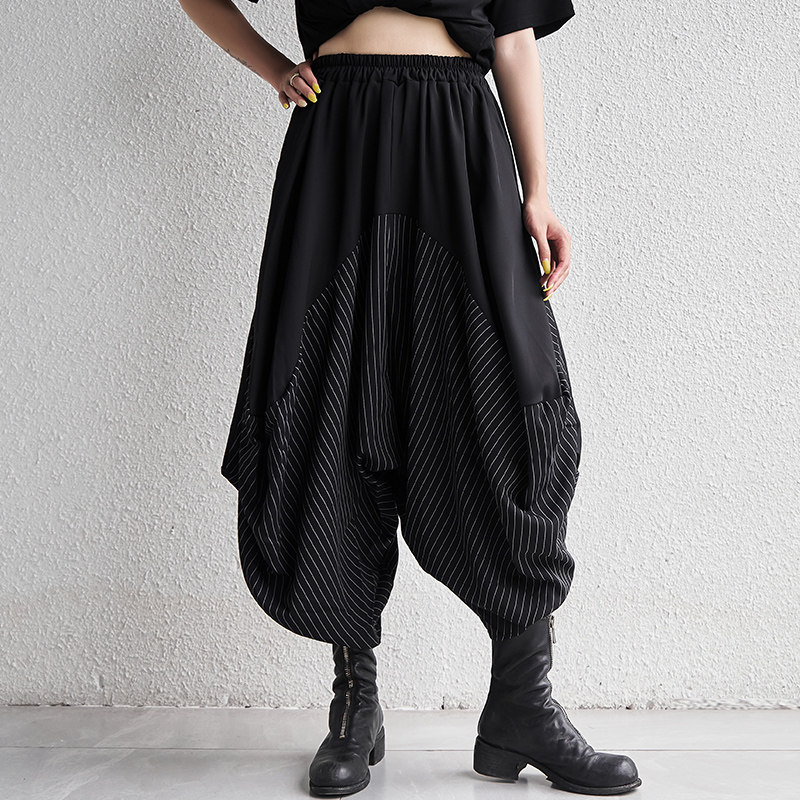 个性拼接吊裆春夏大码低裆垮裤女宽松阔腿九分休闲裤