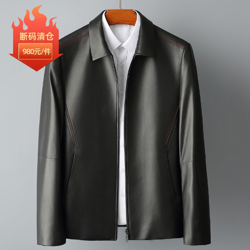 秋新款原生态绵羊皮海宁真皮皮衣男翻领中年商务羽绒真皮夹克外套