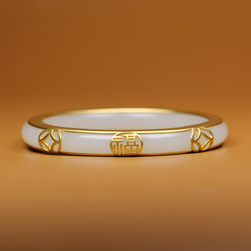 和田玉籽料金镶玉手镯18k金细条扁形复古款手镯女款定制苏工