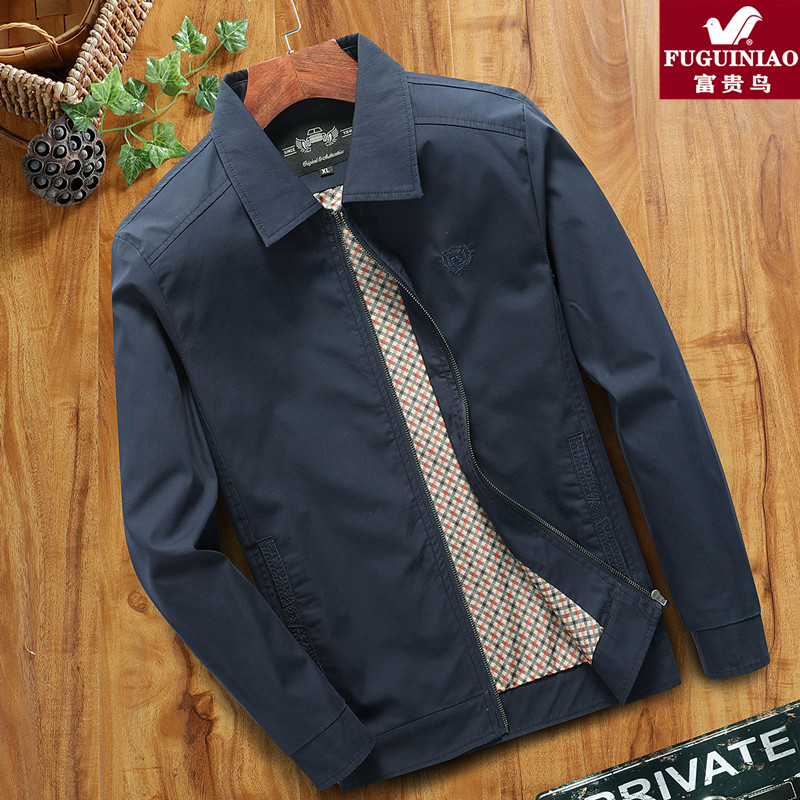 富贵鸟爸爸外套春秋款中年男士夹克翻领纯棉中老年休闲上衣男薄款