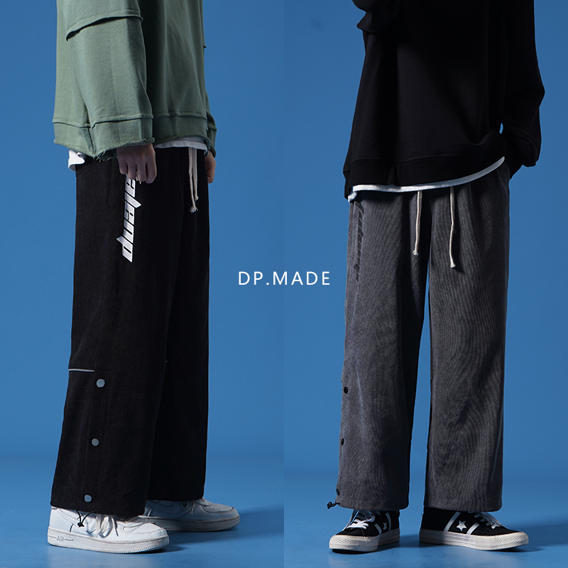 开衩灯芯绒裤子束脚男士抽绳款韩版宽松百搭阔腿老爹裤休闲长卫裤