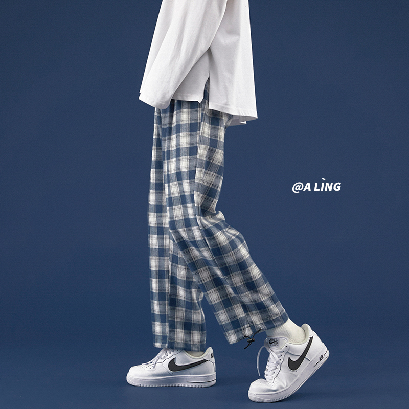 美式hiphop炸街宽松舒适蓝色格子休闲男士直筒束脚九分高街ins潮