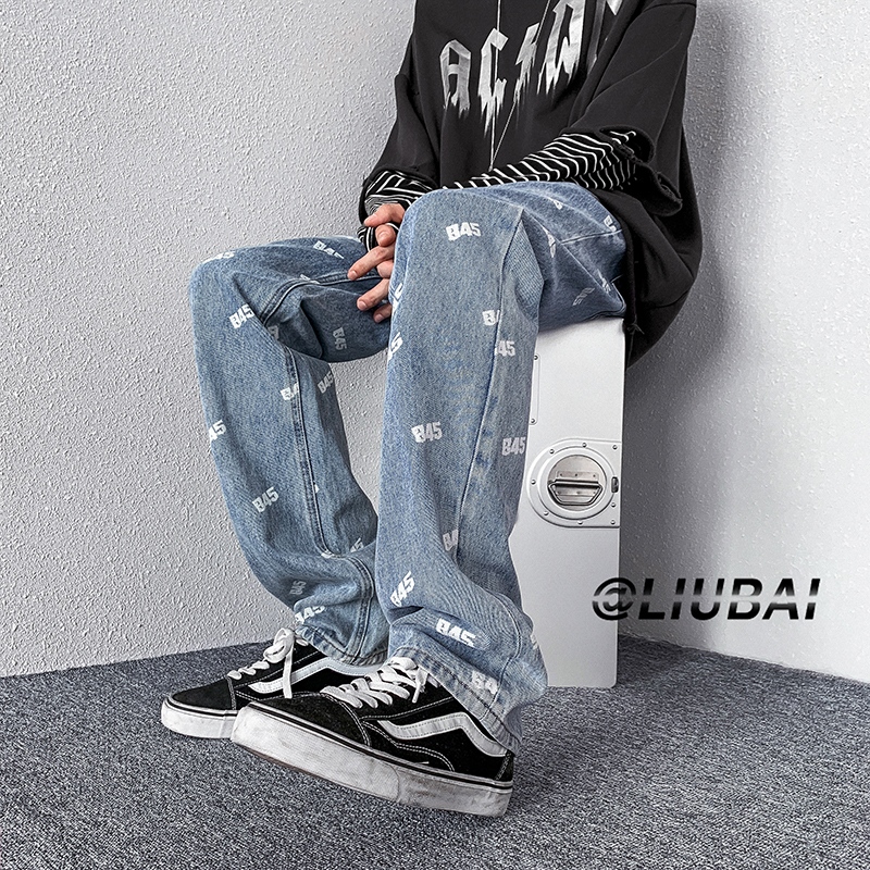 数字满印牛仔复古裤水洗vintage直筒休闲拖地高街ins潮设计感小众