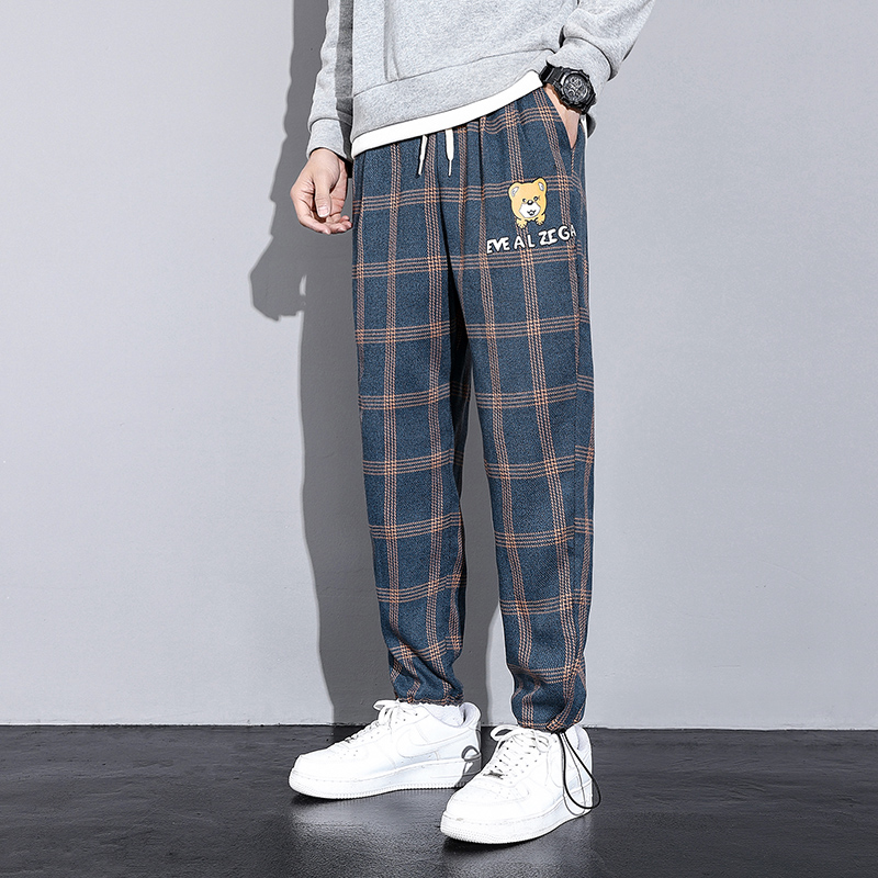 日系痞帅蓝色格子抽绳裤小熊休闲印花裤男宽松盐系束脚高街ins潮