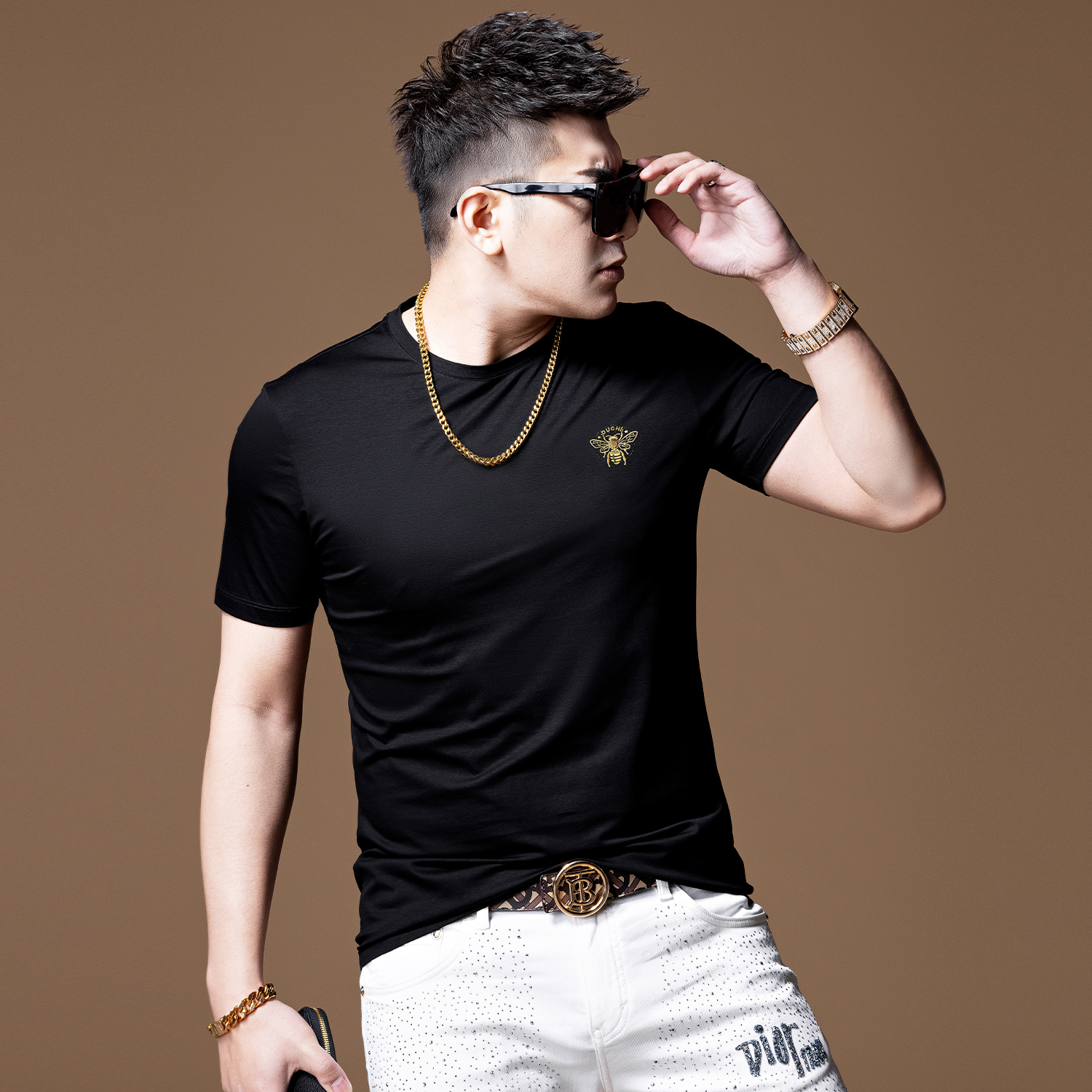 言吉潮流男装高端时尚潮牌刺绣半袖体恤男士2022夏季新款短袖T恤