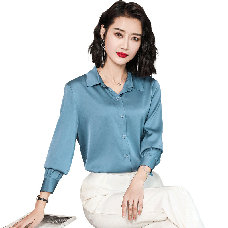 2020新款全真丝衬衫女长袖重磅桑蚕丝绸缎纯色上衣修身衬衣春装