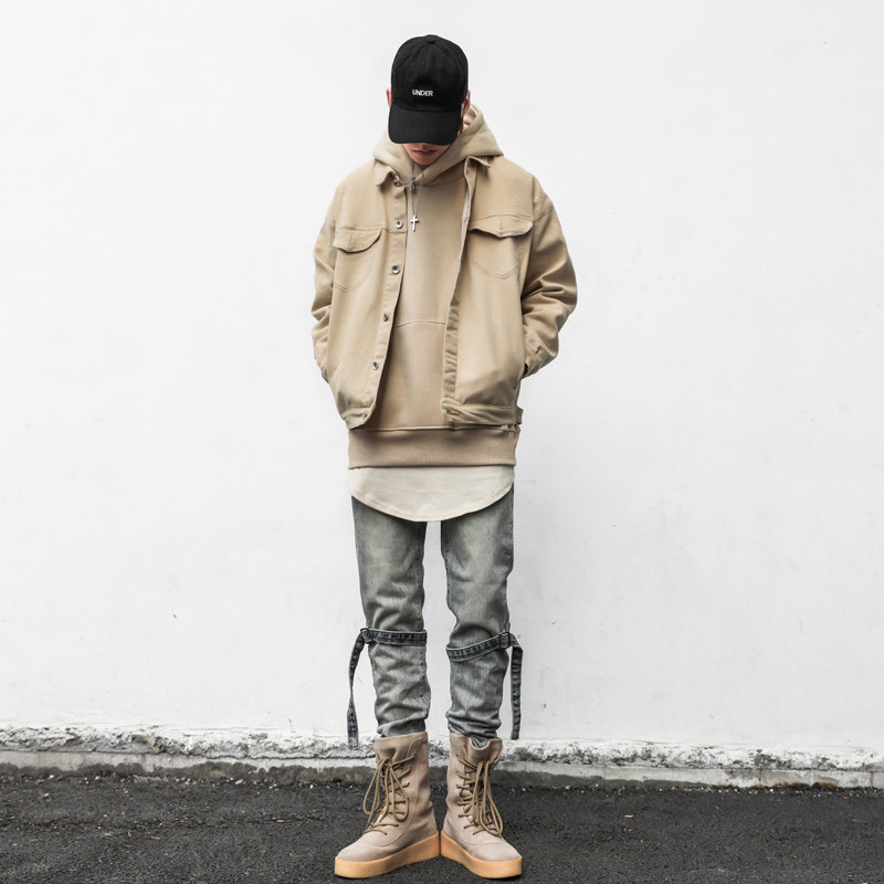 kanye侃爷欧美美高街风做水洗绑带牛仔裤男潮潮牌牛仔裤