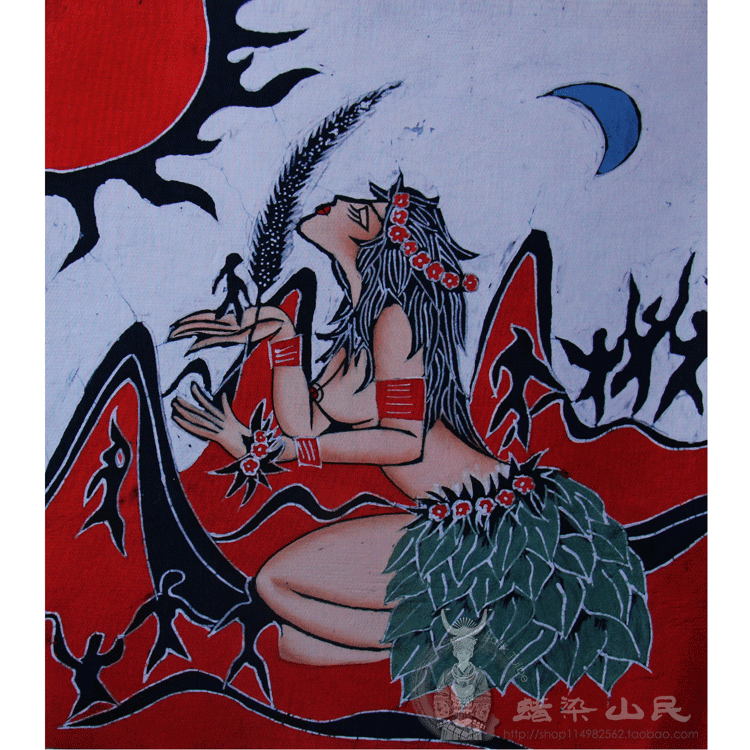 蜡染苗族手工装饰画相框画芯特色工艺品枫叶42x48cm苗族蜡染