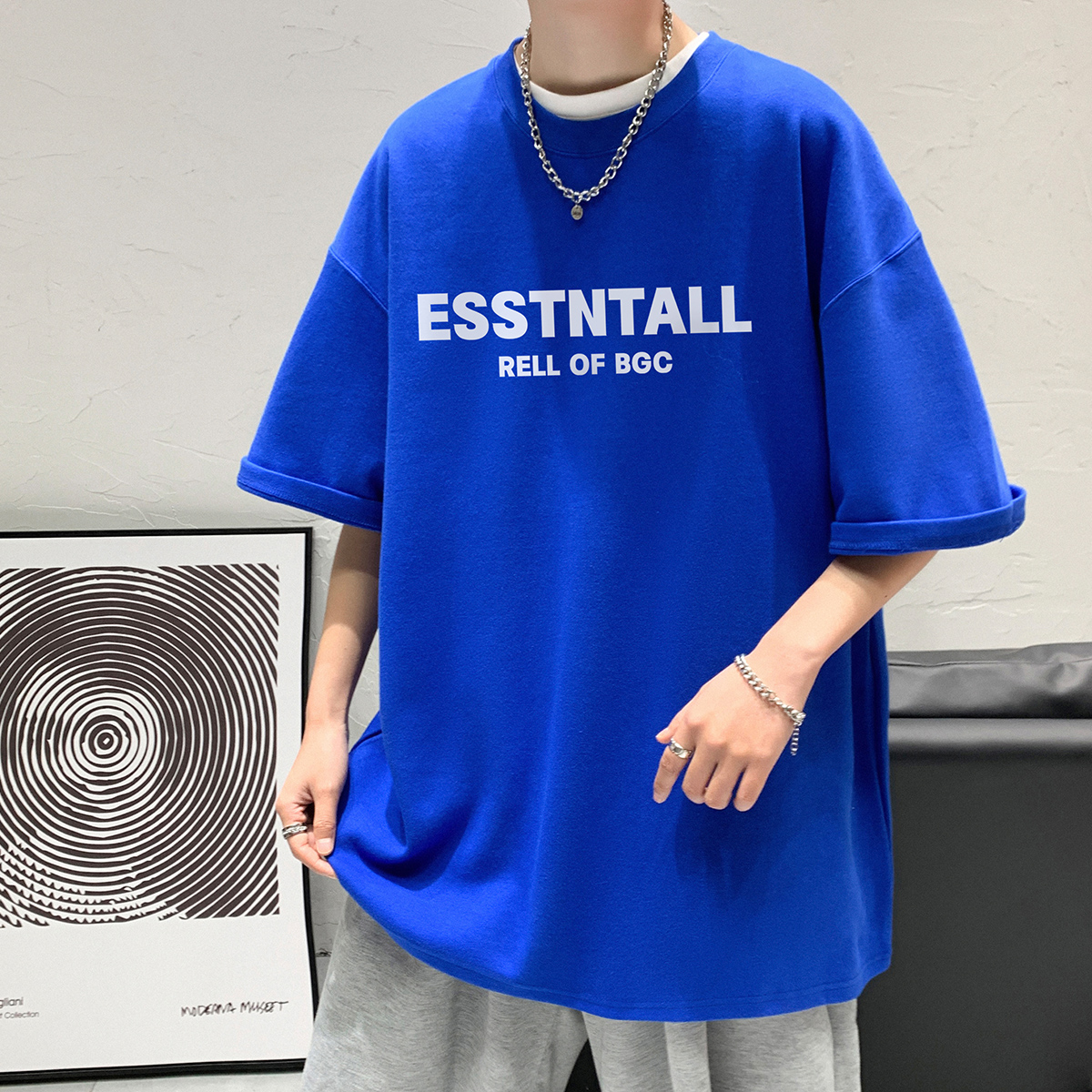 克莱因蓝t恤男ins潮无性别美式复古正肩短袖原宿风上衣高级感体恤