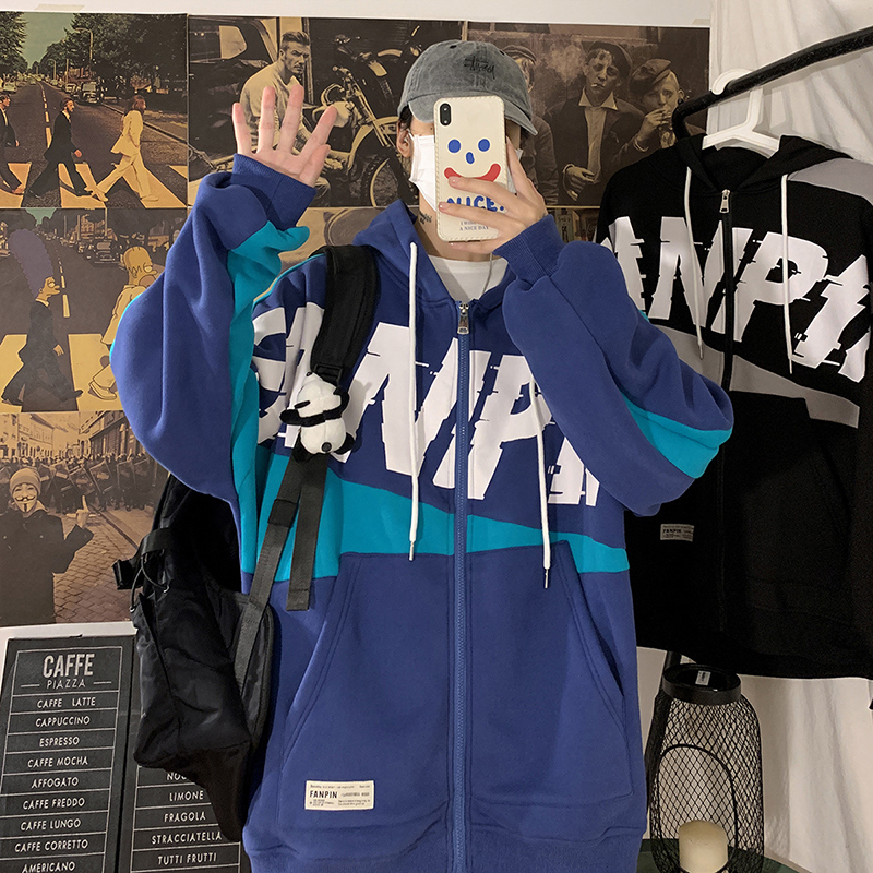 美式hiphop外套宽松大码拼色开衫卫衣男春款情侣休闲夹克连帽上衣