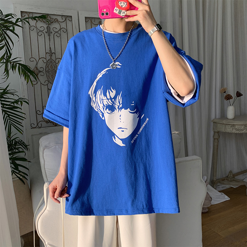 克莱因蓝短袖T恤男夏季新款港风韩版潮牌ins半袖体恤百搭宽松上衣