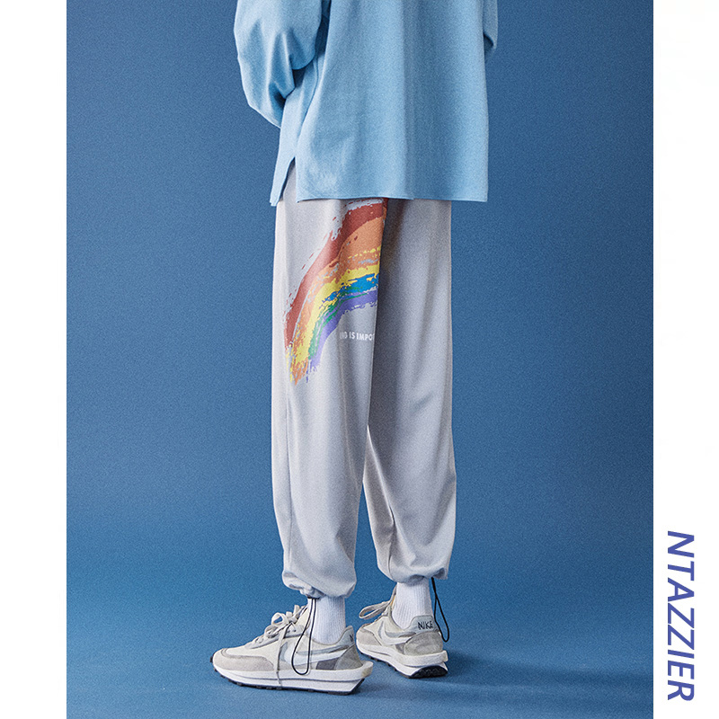 2022休闲裤男士宽松潮流直筒冰丝运动裤子男生新款灰色抽绳束脚裤