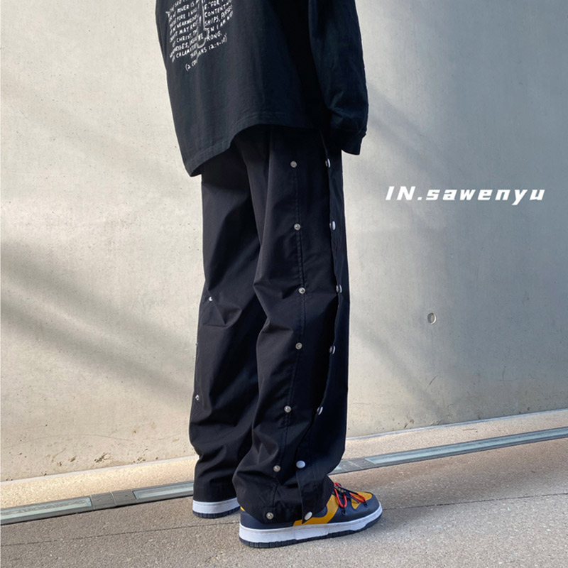 ins潮牌排扣休闲裤男士帅气宽松夏季拖地裤子男2022年新款直筒裤