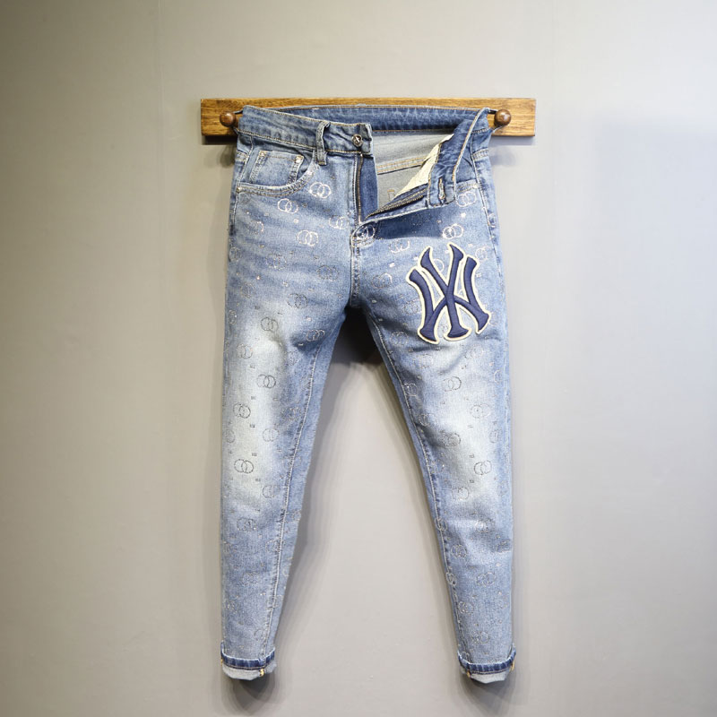 原创个性字母刺绣满身烫钻修身蓝色九分牛仔裤 男 青年百搭小脚裤