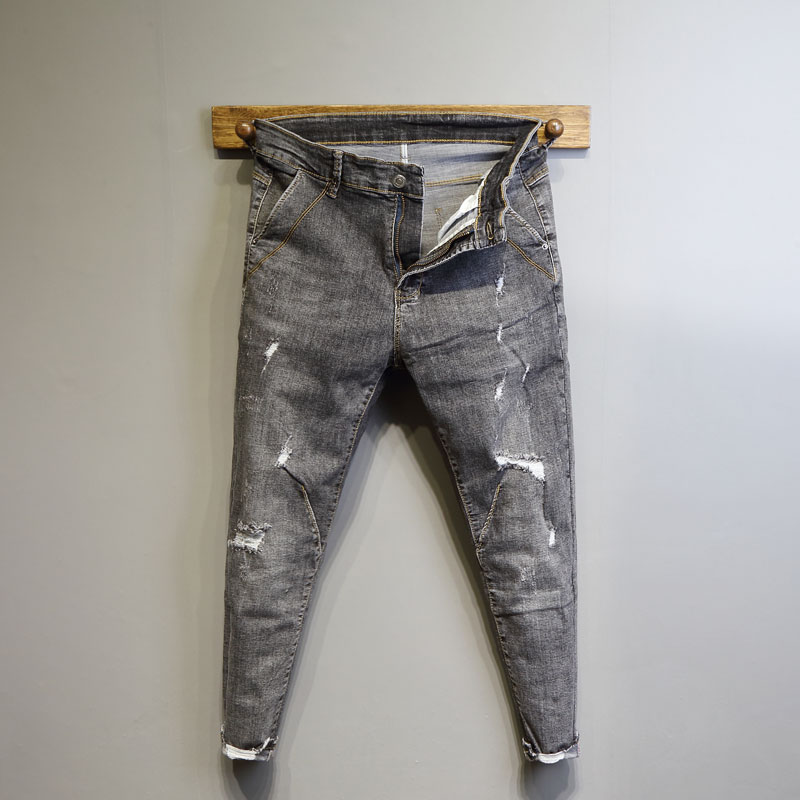 刮烂毛边裤脚修身九分裤 男灰色潮流韩版春夏新款青年9分牛仔裤男