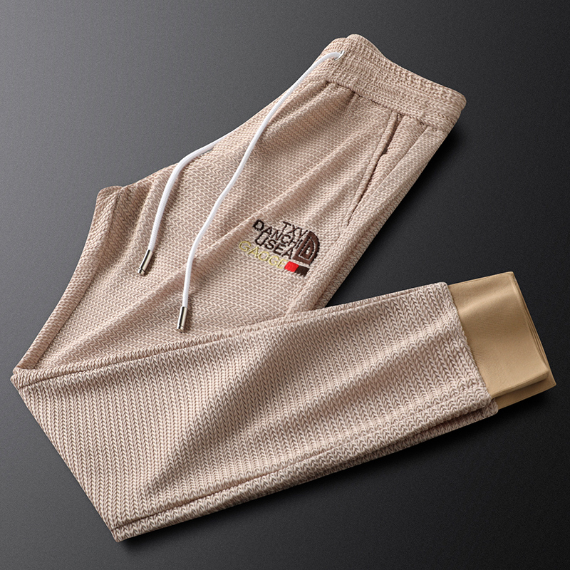 Cevleve轻奢高端编织绳面休闲运动裤男夏季男士透气卡其色薄长裤