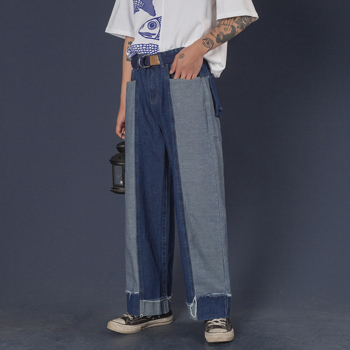 Sozzi*22潮流街头海魂蓝拼接显瘦宽松阔腿牛仔裤男女直筒美式长裤