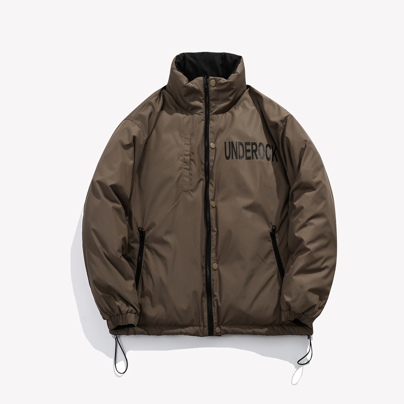 美式复古2021冬季字母刺绣立领羽绒服男潮牌宽松90鸭绒双面穿棉袄