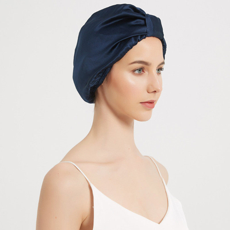 新款真丝睡帽女式褶皱藏青青色桑蚕蚕丝薄款帽子