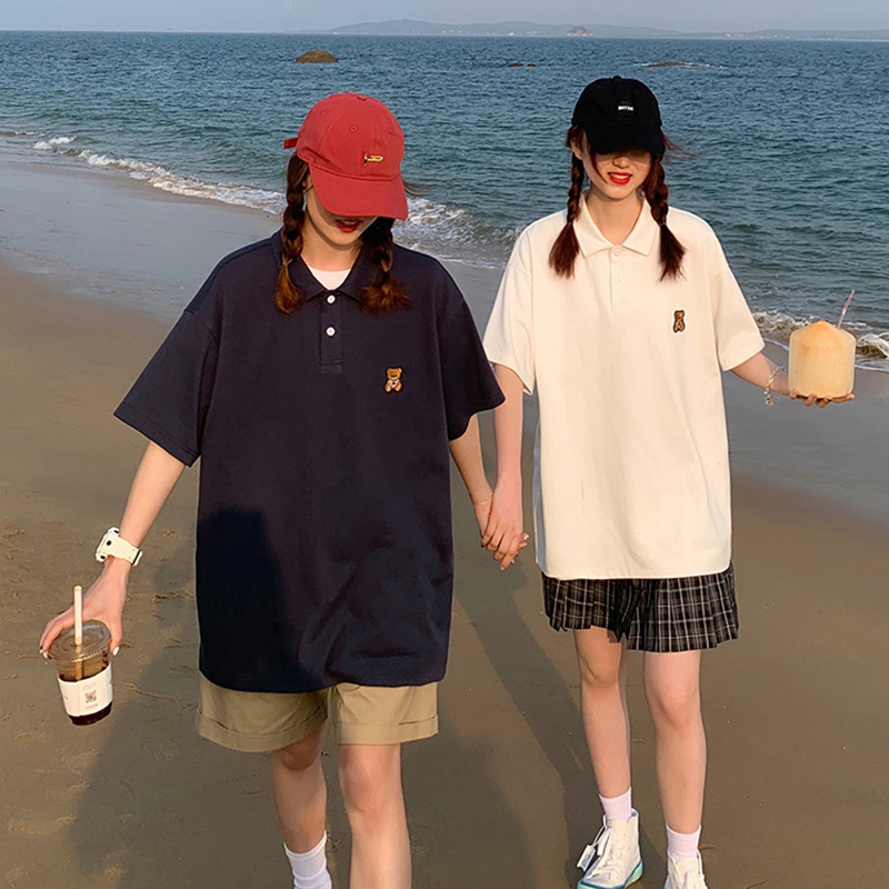 polo衫女情侣装 夏季短袖t恤翻领可爱学院风体恤半袖打底衫上衣潮
