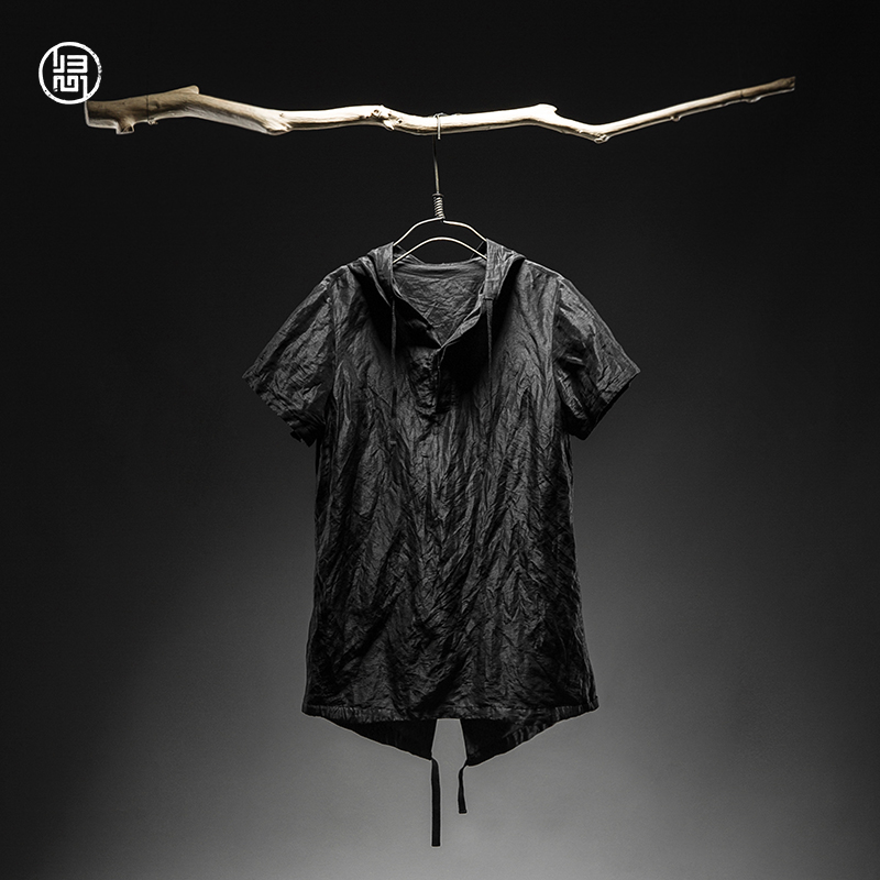 归心T恤男短袖连帽设计师原创中国风男装丝麻半袖体恤男夏