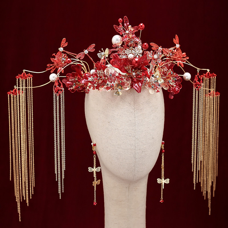 新娘头饰中式秀禾红色造花凤冠耳环套装结婚发饰