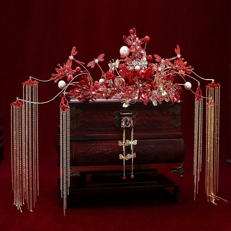 新娘头饰中式秀禾红色造花凤冠耳环套装结婚发饰