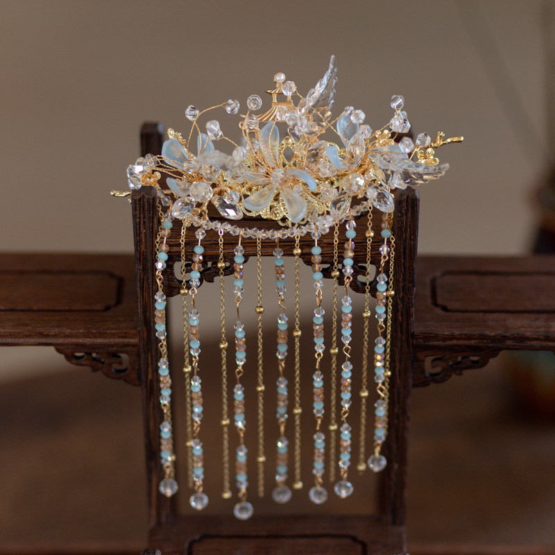 新娘发饰秀禾头饰套装金色凤冠蓝色玻璃水晶发饰
