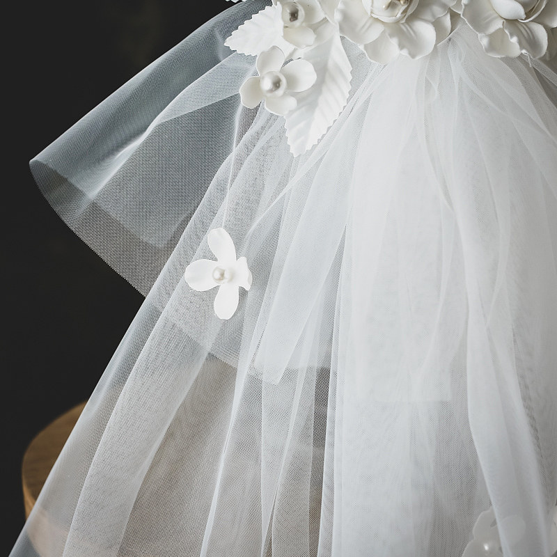 新娘婚礼头纱超仙森系白色旅拍短款婚纱领证头纱