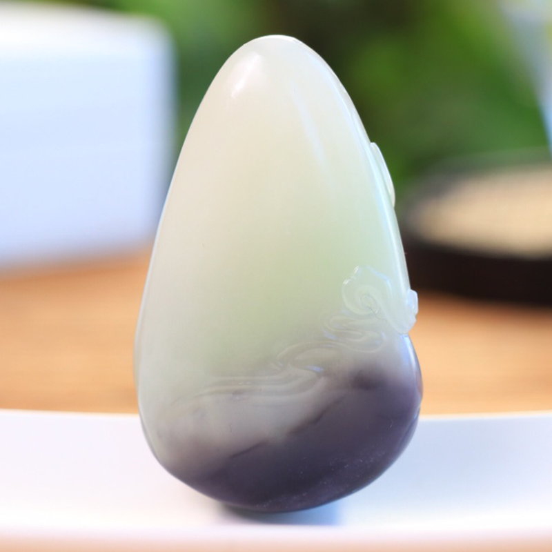 天然和田玉观音吊坠男士款项链烟青料带翠玉石挂件普度众生68g