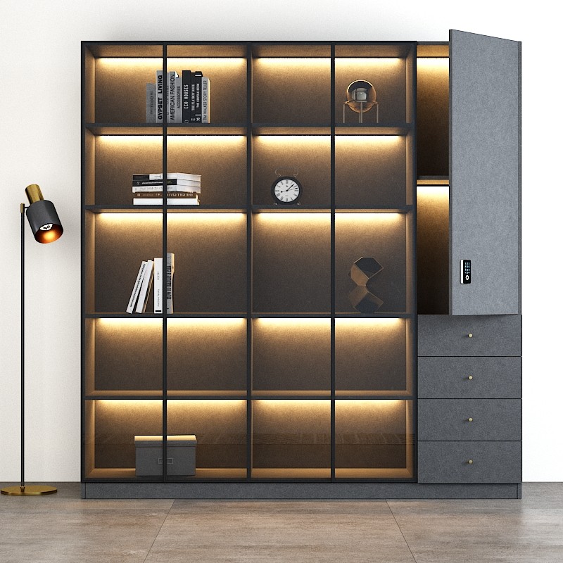 现代简约玻璃门书柜轻奢落地展示柜家用格子书架储物柜单个书柜