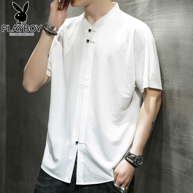 花花公子2022中国风短袖T恤夏季新款潮流亚麻体恤男士纯色上衣服