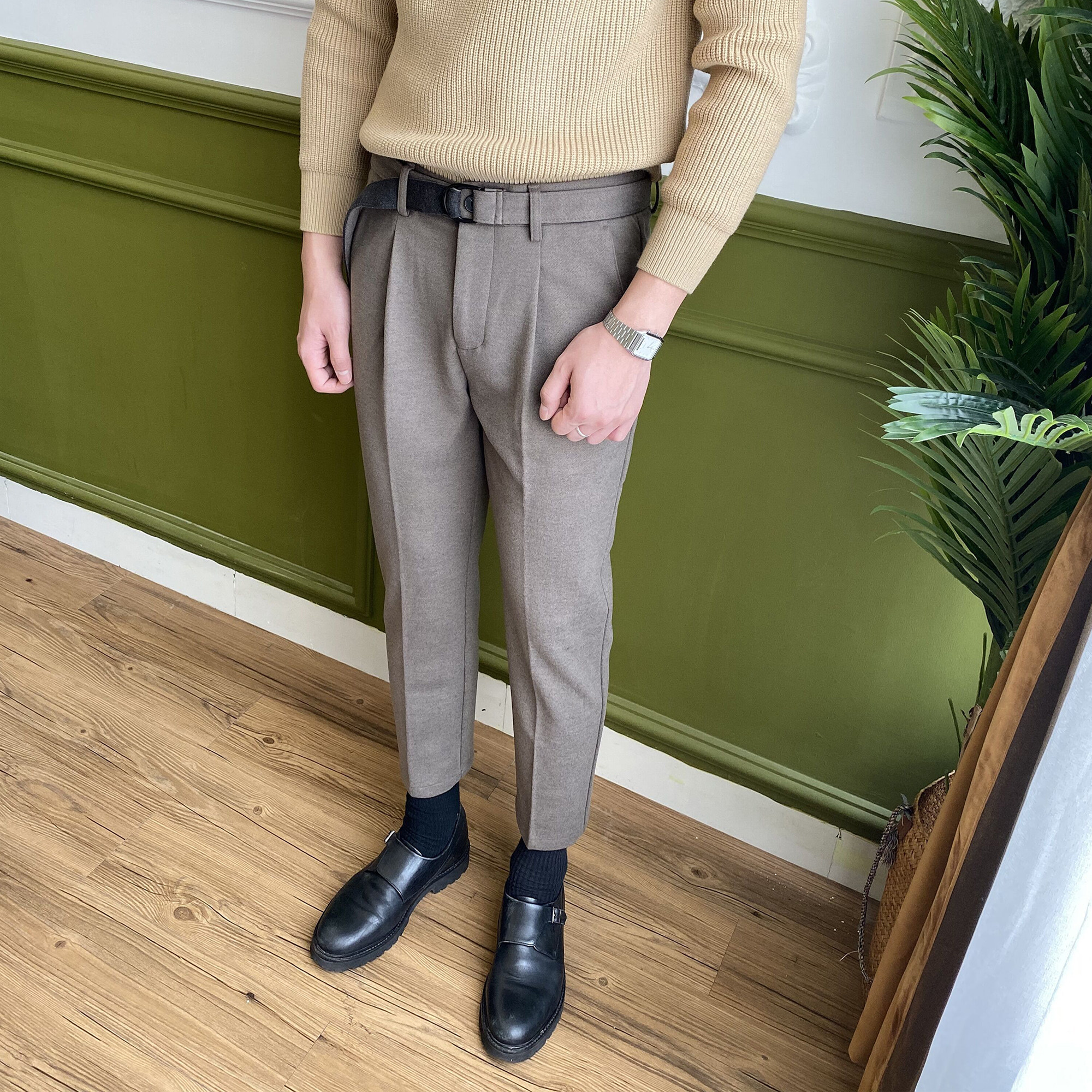 冬季加厚裤子男韩版潮流修身毛呢保暖九分男士休闲裤