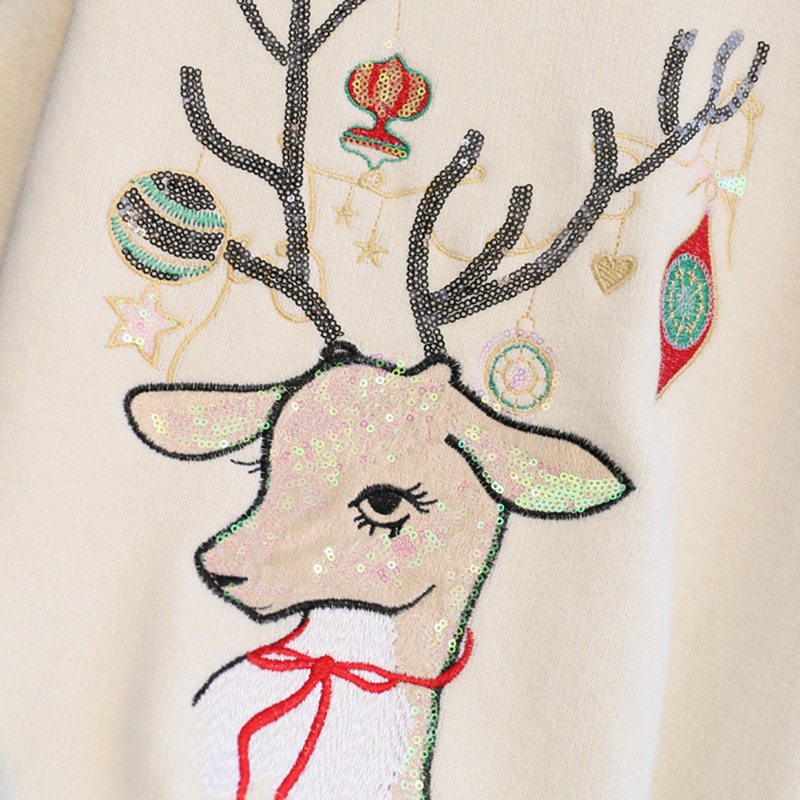 圣诞小鹿绣花刺绣套头毛衣女2019冬季新年中长款亮片宽松慵懒外套